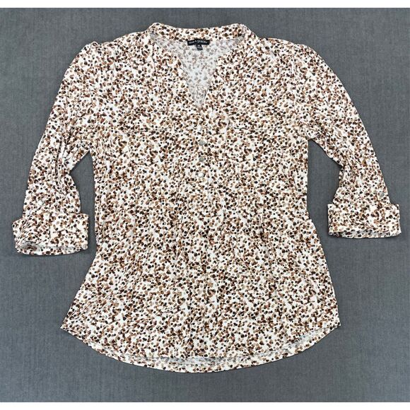 Boho Animal Print Blouse Ava and Grace Women M Brown White Button Front - Picture 1 of 8
